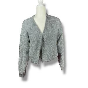 NWT Forever 21‎ Long Sleeve Cardigan Silver Tinsel Size L Cropped Party Holiday